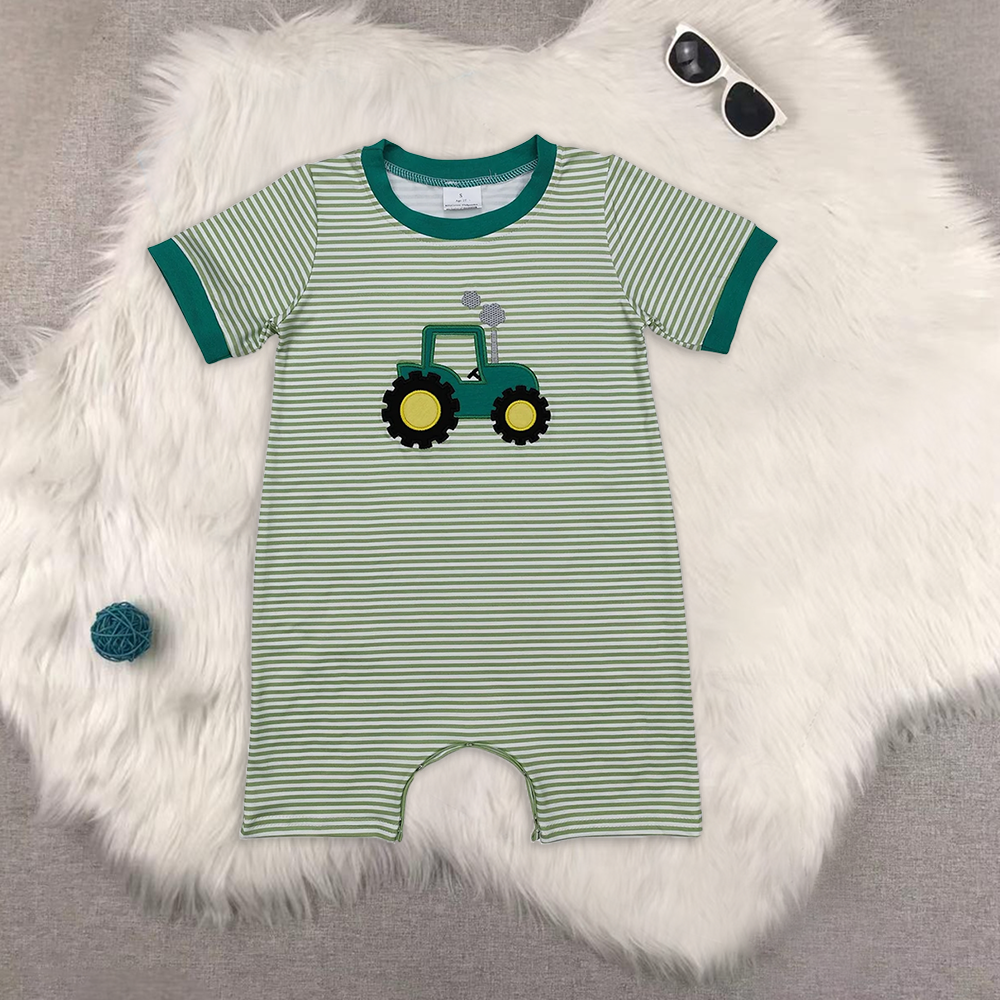 8.16 RTS Sibling Short sleeves green stripe tractor kids boys farm clothes rompers