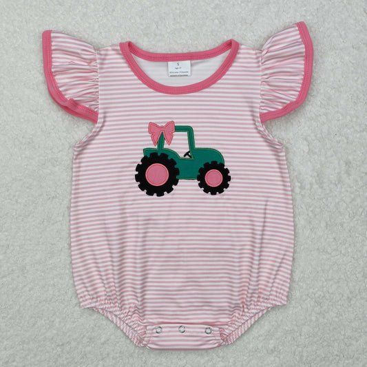 USA Shop (in stock)SR2432RTS NO MOQ Baby Girls Summer Rompers Flutter sleeves pink stripe tractor baby girl romper