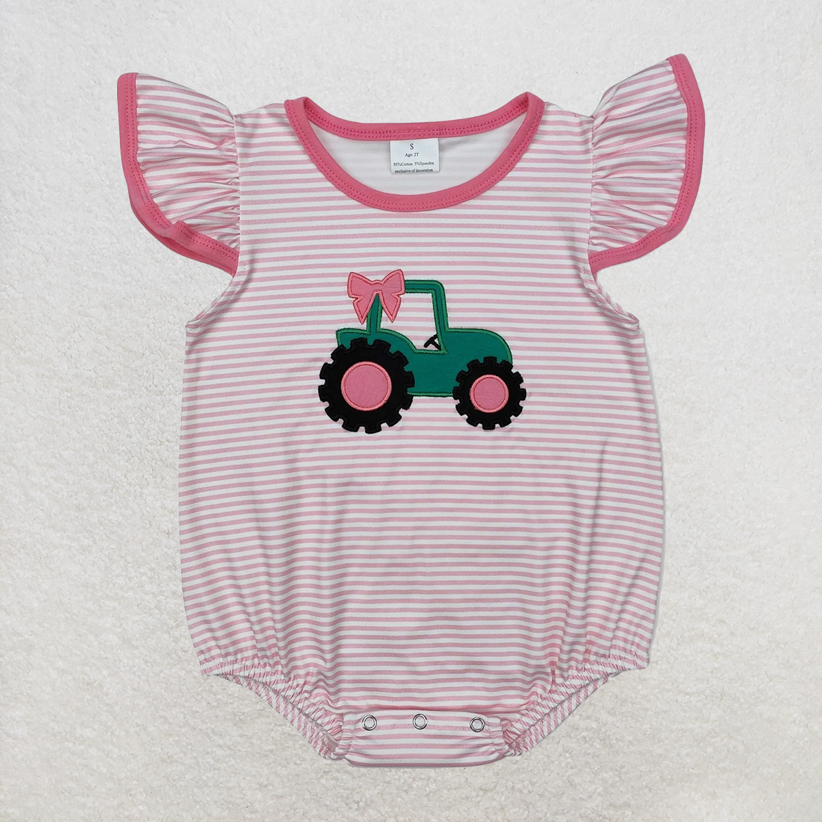 7.18 RTS NO MOQ Pink stripe flutter sleeves tractor kids girls farm outfits rompers