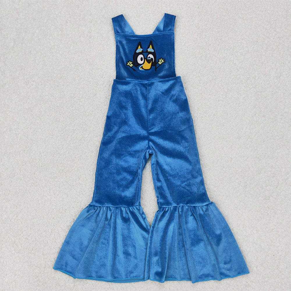 4.09 SR2445 RTS NO MOQ Baby Girls Summer Jumpsuits Baby Girls Blue Strap Embroidery Cartoon Blue Gogs Print Velvet Jumpsuit