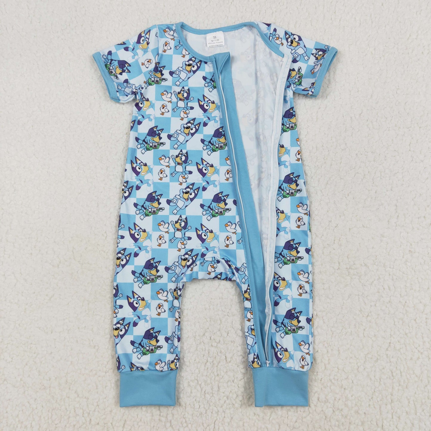 SR2454Baby Boys Blue Short Sleeves Cartoon Blue Dogs Print Zipper Romper