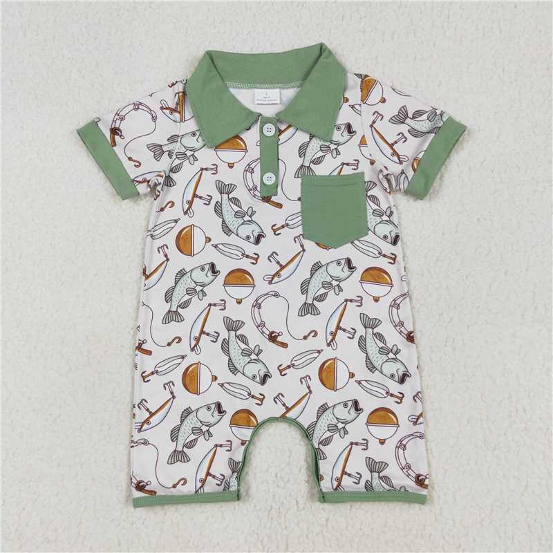 4.22 RTS NO MOQ Baby Boys Short Sleeve Polo Romper with Pocket Fishing Theme Casual Outfit for Toddlers