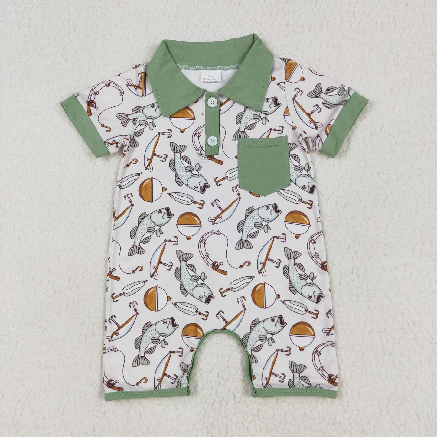 USA Shop (in stock)SR2472RTS NO MOQ Baby Boys Summer Rompers Baby Boys Short Sleeve Polo Romper with Pocket Fishing Theme Casual Outfit for Toddlers