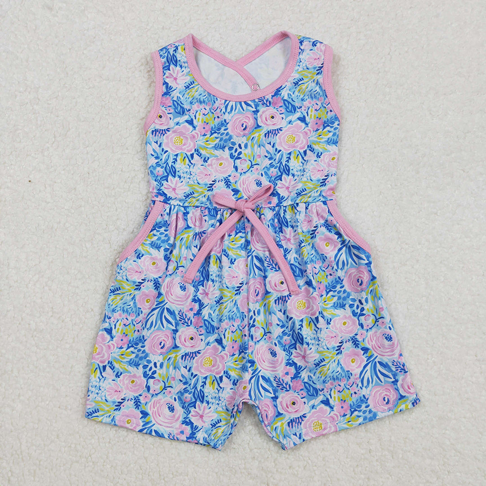 SR2521Light Blue Floral Sleeveless Summer Jumpsuit for Baby Girls - Comfortable Breathable Romper for Warm Weather