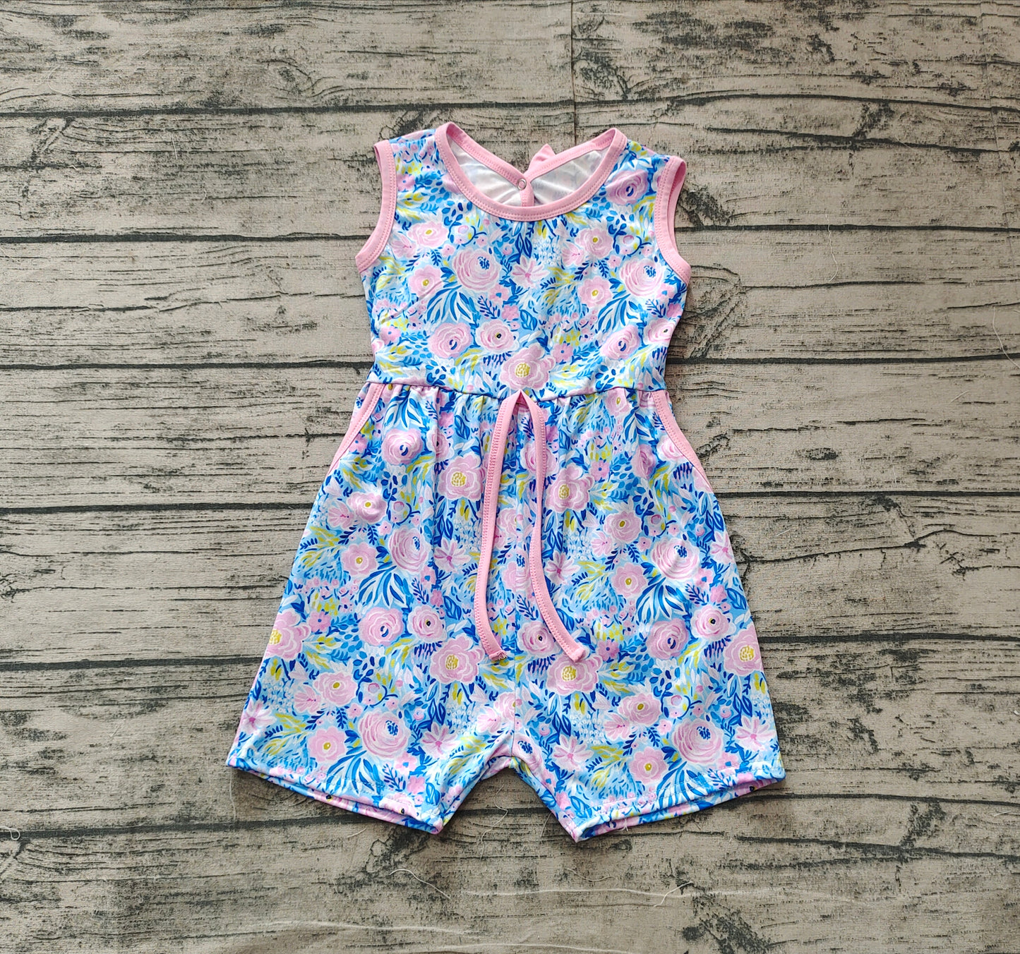 SR2521Sleeveless light blue floral baby girls summer jumpsuit
