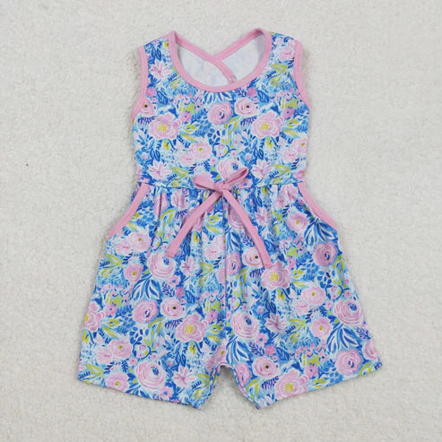 10.16 RTS Sibling Baby Girls Sleeveless Flowers Bows Pockets Shorts Jumpsuits