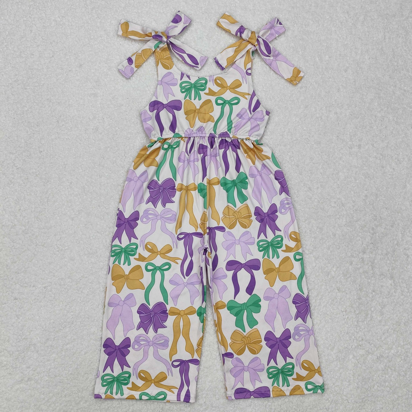 SR2522Straps purple green gold bow kids girls Mardi Gras jumpsuit