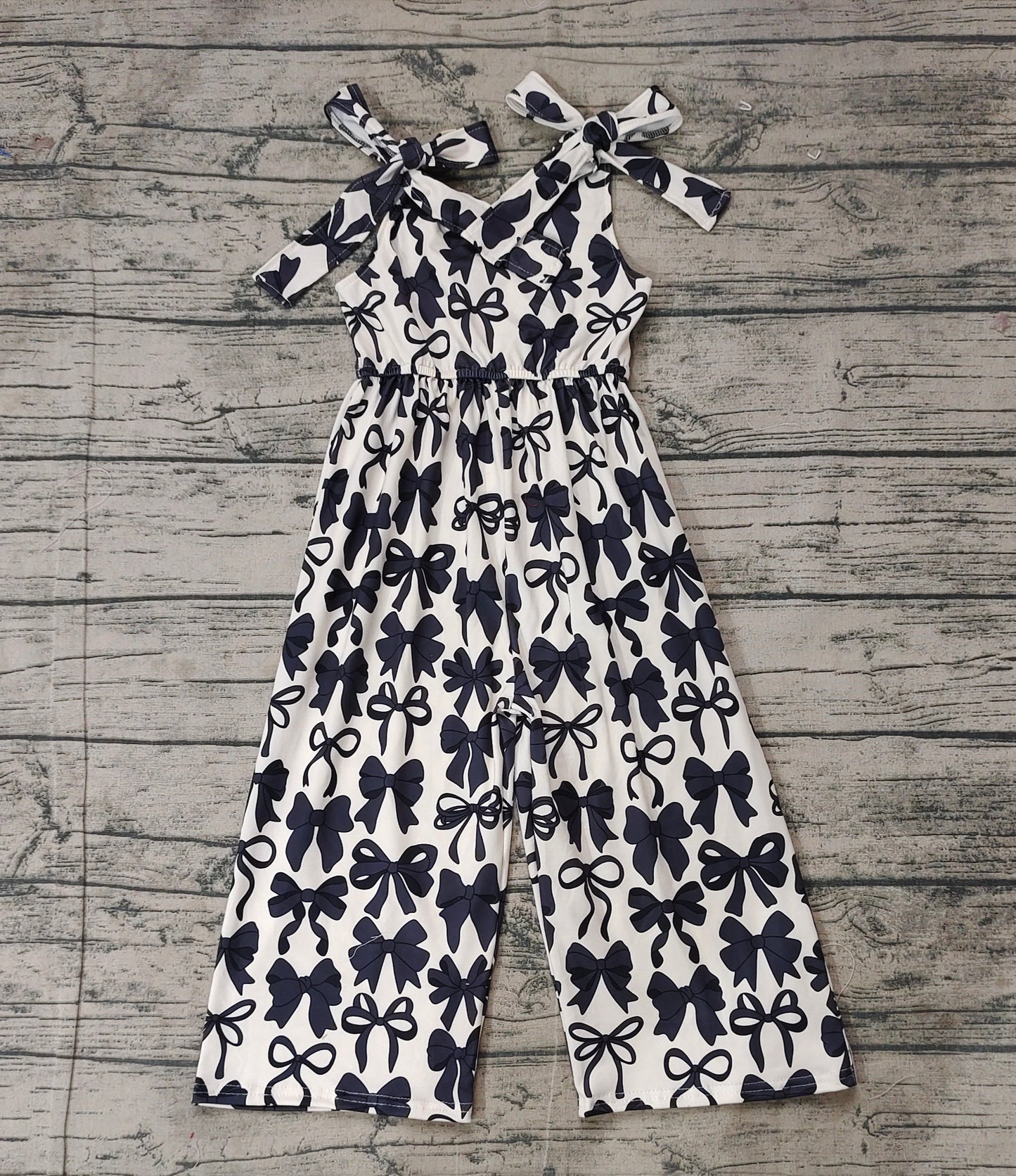 SR2524Kids Girls Black Bow Straps Summer Jumpsuit Adjustable Straps Elastic Waist Vintage Style Casual Romper for Children
