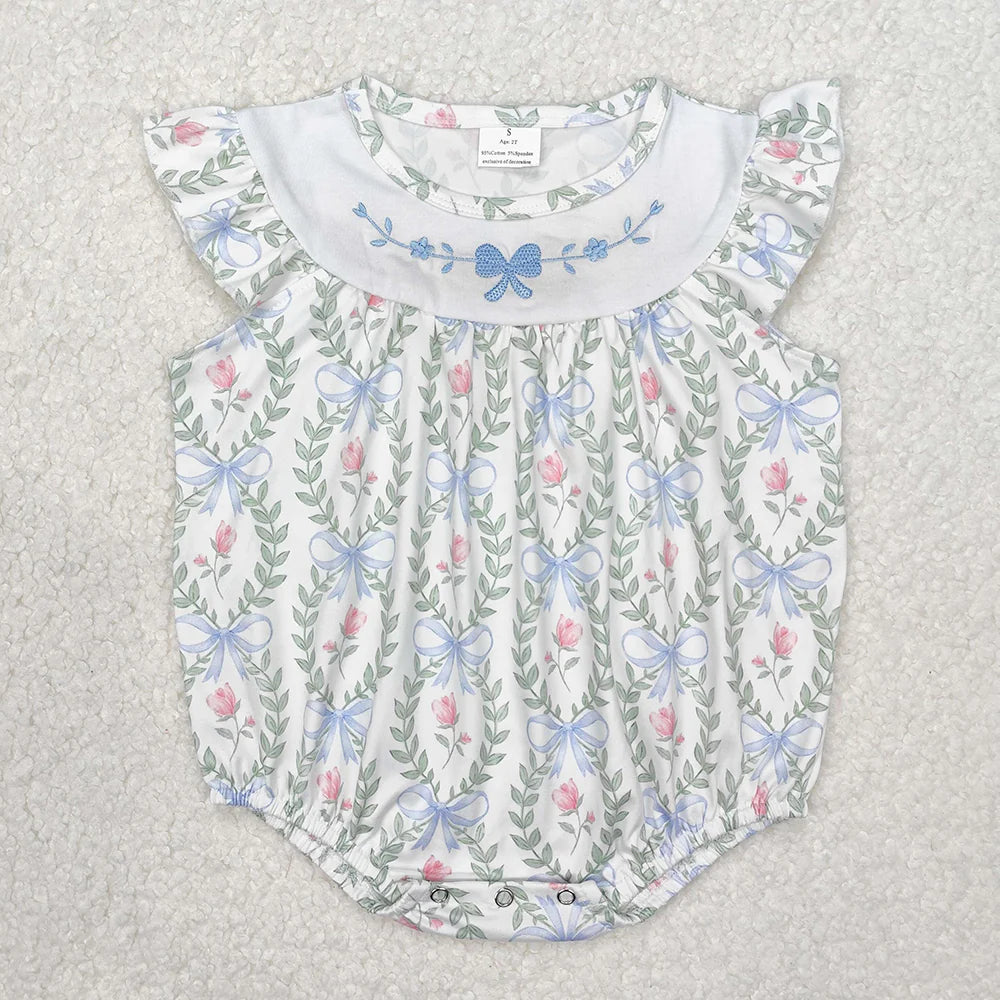 12.4 RTS Sibling Embroidery Baby Girls Spring Bows Leaves Rompers Dresses