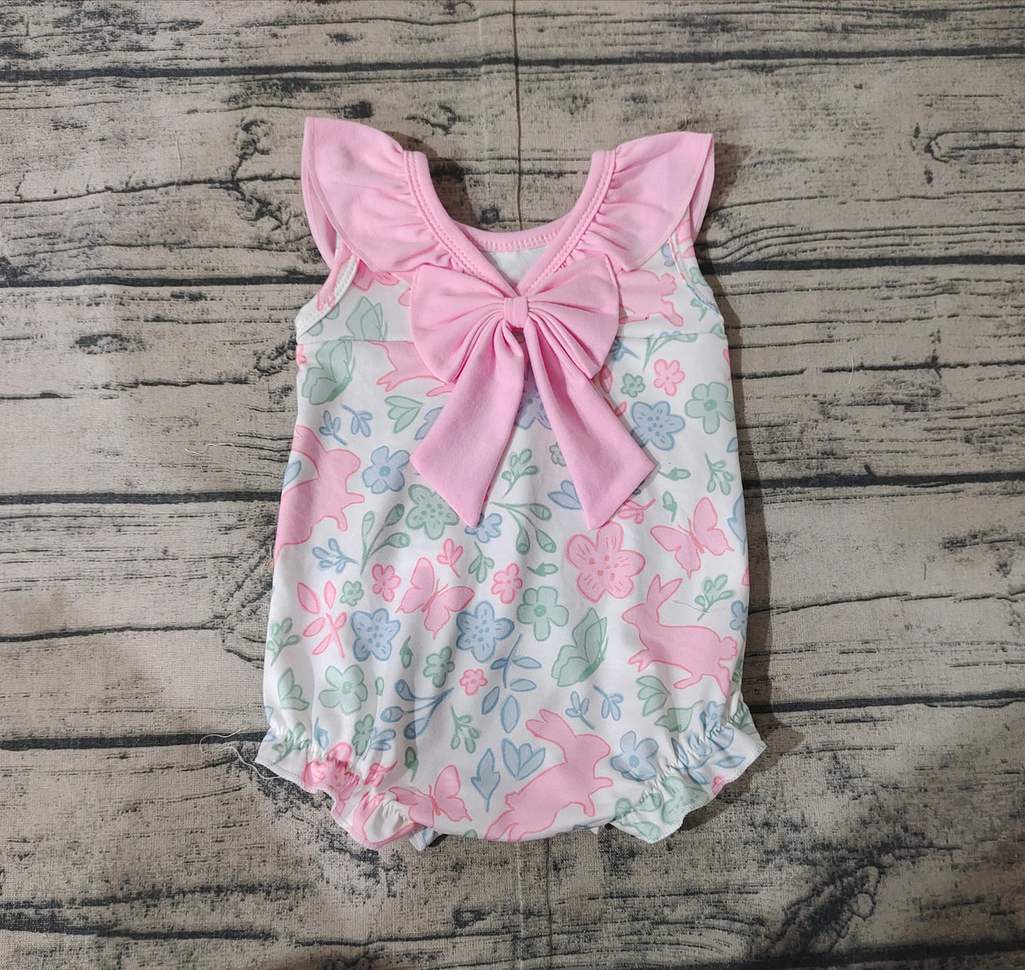 SR2546Baby Infant Girls Easter Rabbits Pink Flowers Rompers