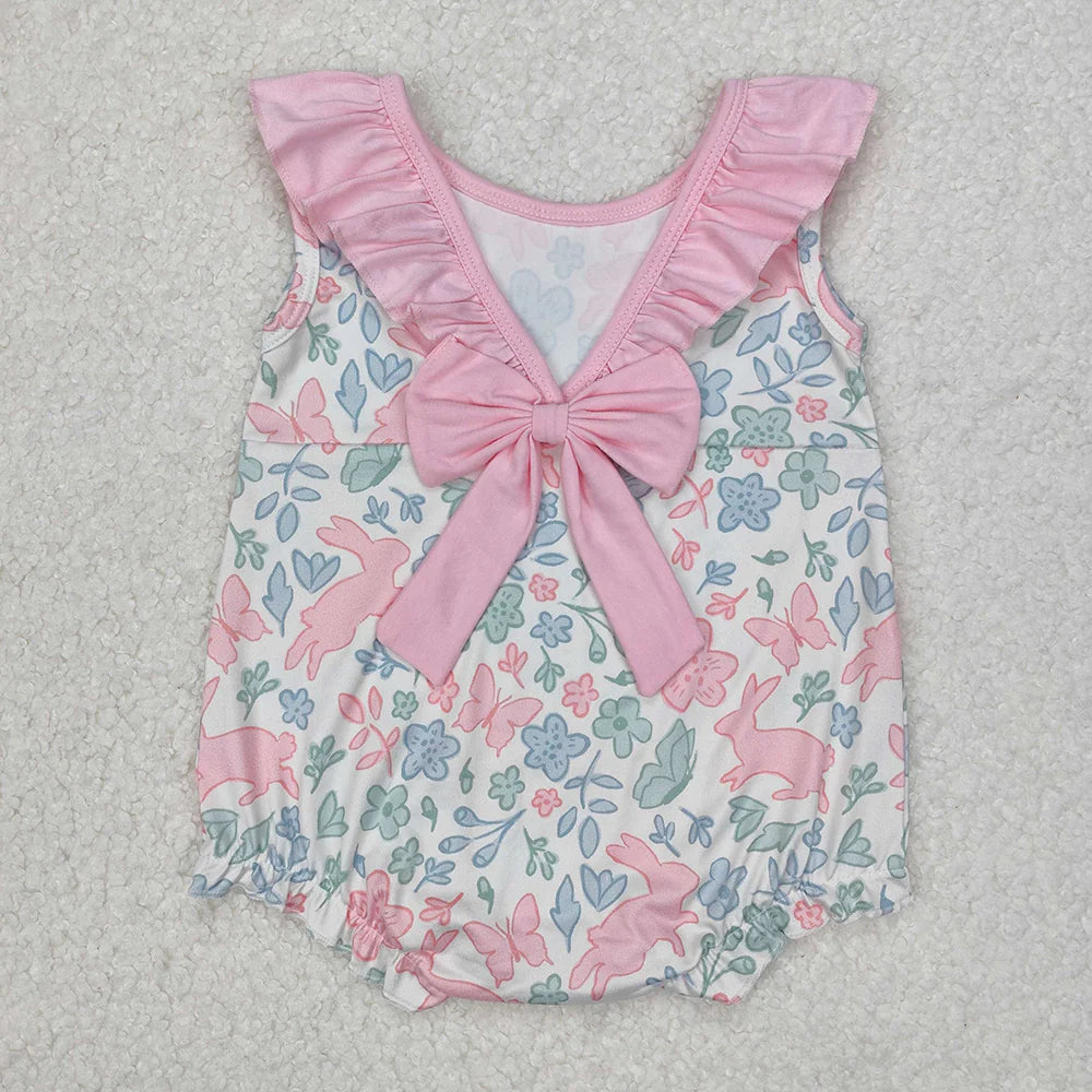 12.9 RTS Sibling Baby Girls Pink Easter Rabbits Rompers Outfits Sets