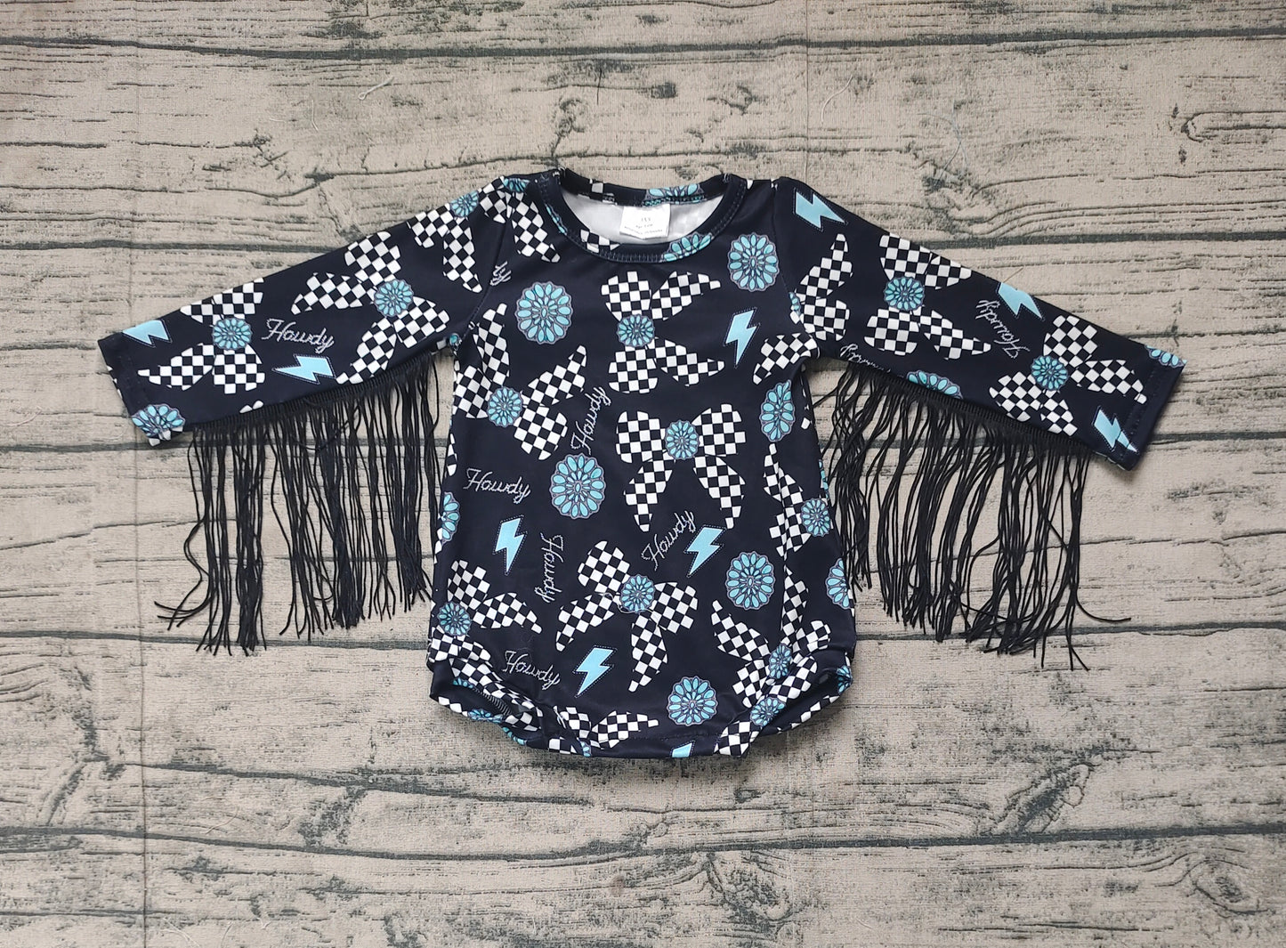 SR2552Sweet Turquoise Plaid Bow and Tassels Western Romper for Little Babies