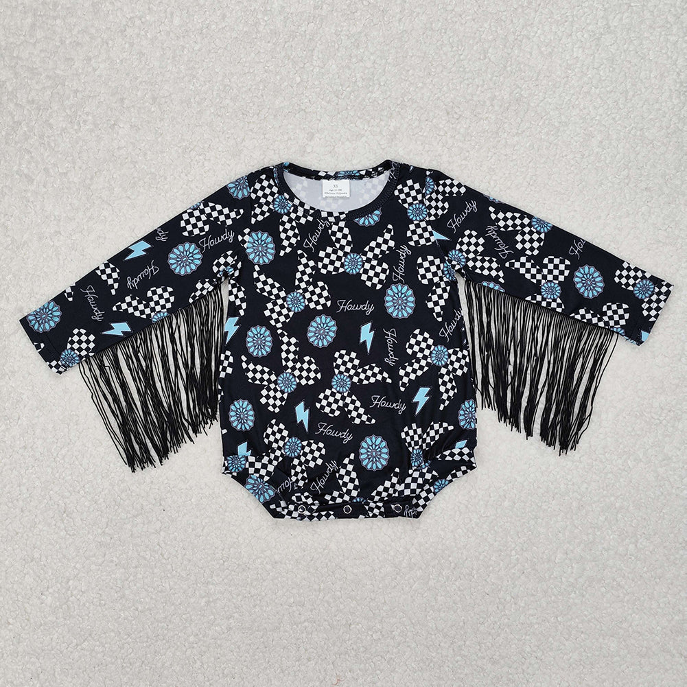 SR2552Turquoise plaid bow howdy tassels western baby romper