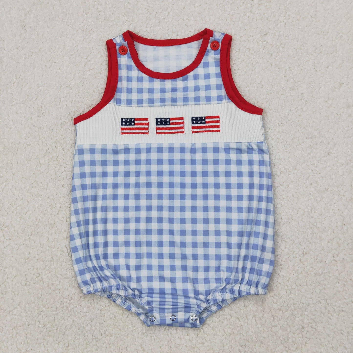 4.10 SR2572 RTS NO MOQ Baby Boys Summer Romper Baby Boys Gray Plaid Sleeveless Flags 4th Of July Smocked Romper