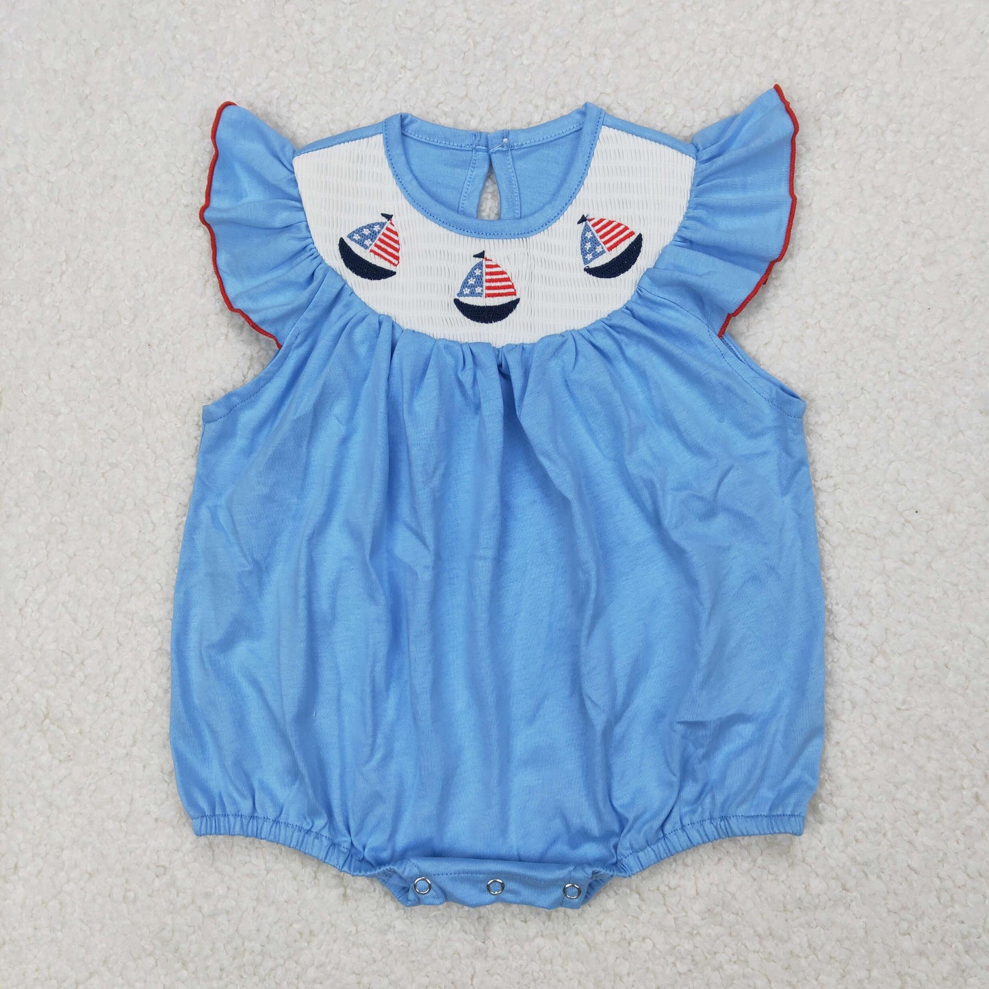 4.10 SR2573 RTS NO MOQ Baby Girls Summer Romper Light blue boat smocked baby girls 4th of july romper