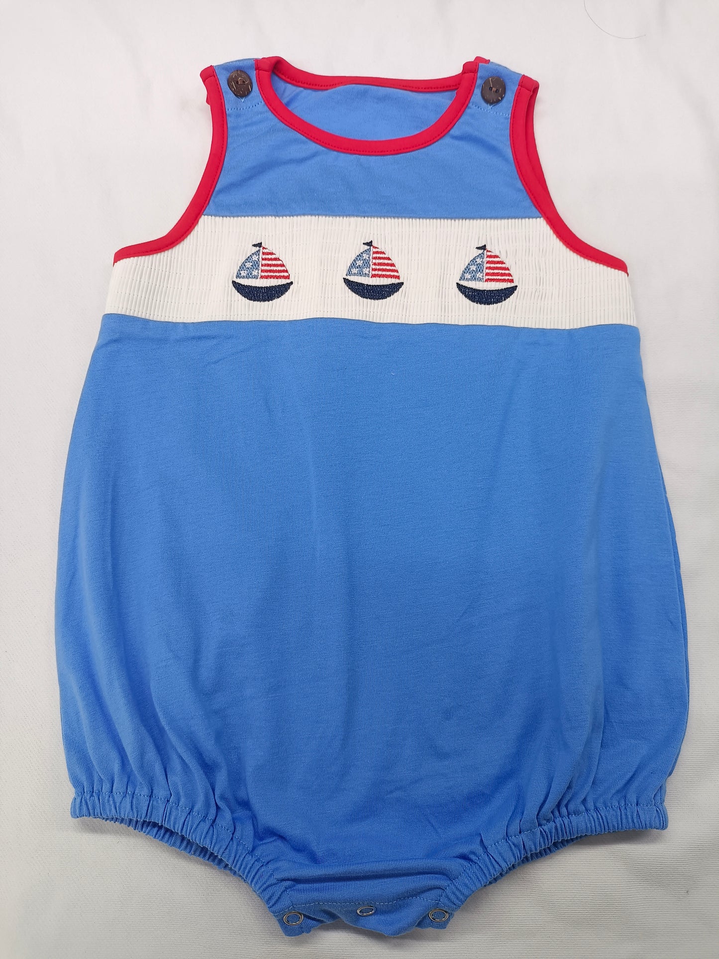 SR2574Light Blue Boat Smocked Baby Boys 4th of July Romper Summer Outfit for Infants Boy's Clothing