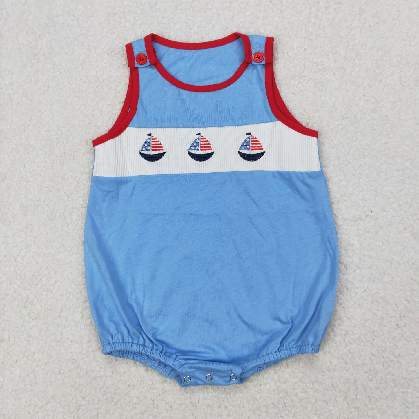 4.10 SR2574 RTS NO MOQ Baby Boys Summer Romper Baby Boys Blue Sleeveless Flag Boats 4th Of July Smocked Romper