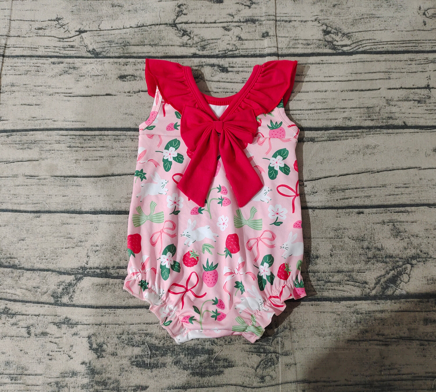 SR2582Girls Sleeveless Ruffle Strawberry Rabbit Bow Romper Easter Outfit Cute Spring Summer Clothing for Kids