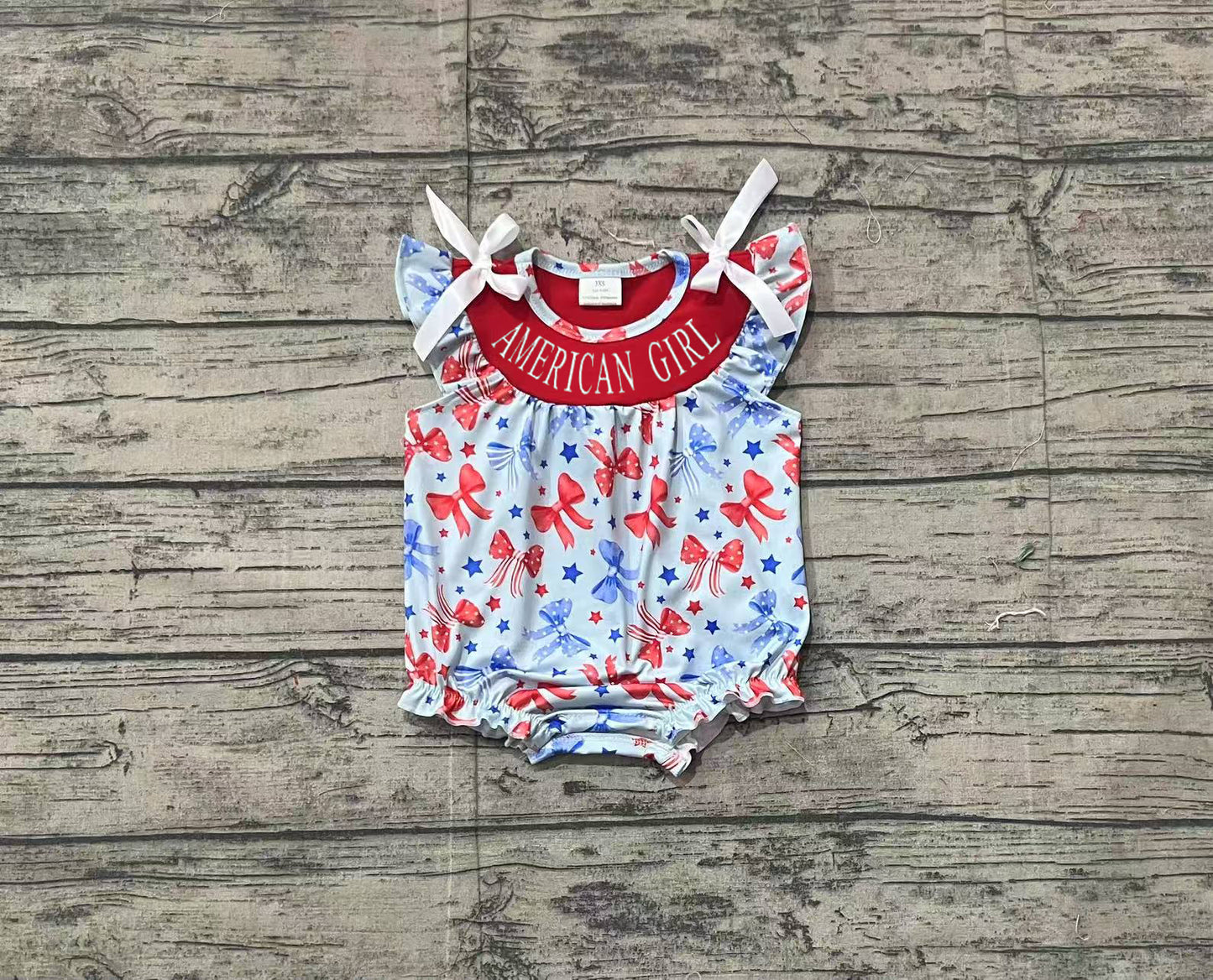 SR2589American girl red blue bow baby 4th of july romper