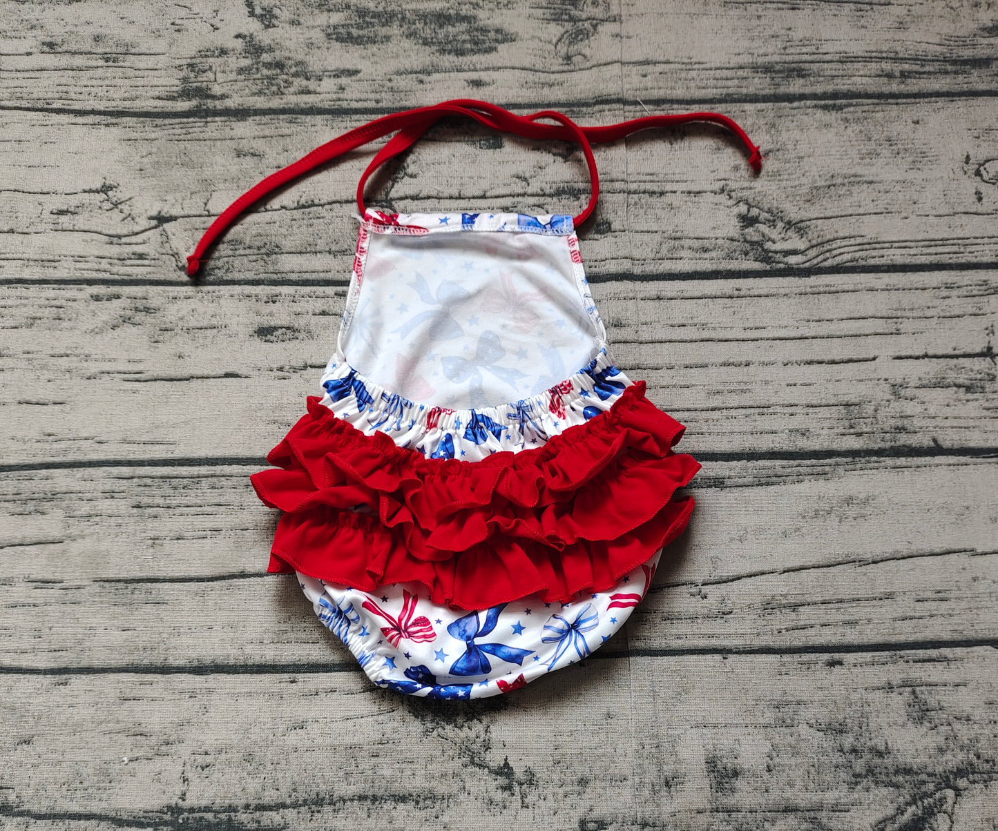 SR2591Red Ruffle Stars And Stripes Bow Halter Baby Romper for 4th of July Girls Outfit with Capris Pants