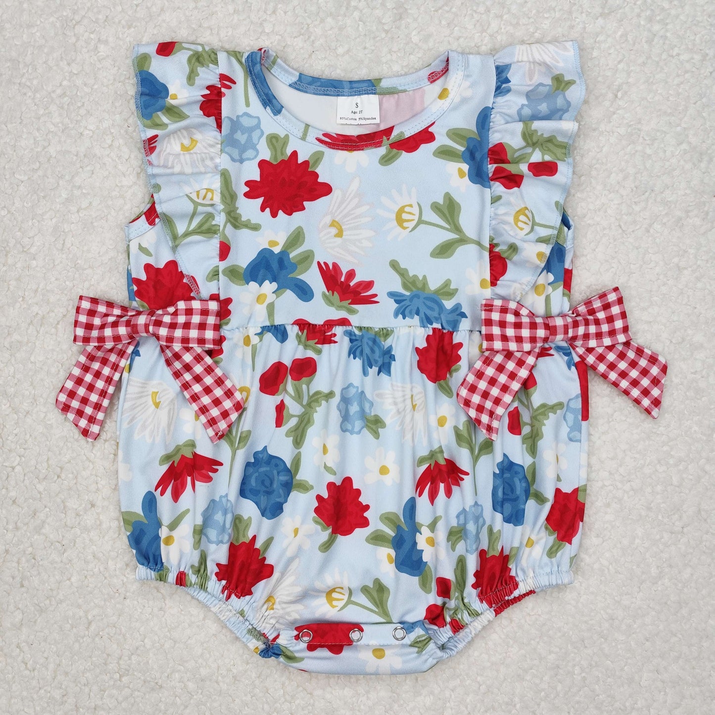 SR2593Red Blue Floral Ruffle Baby Girls 4th of July Romper Cute Floral Print Infant Outfit for Summer