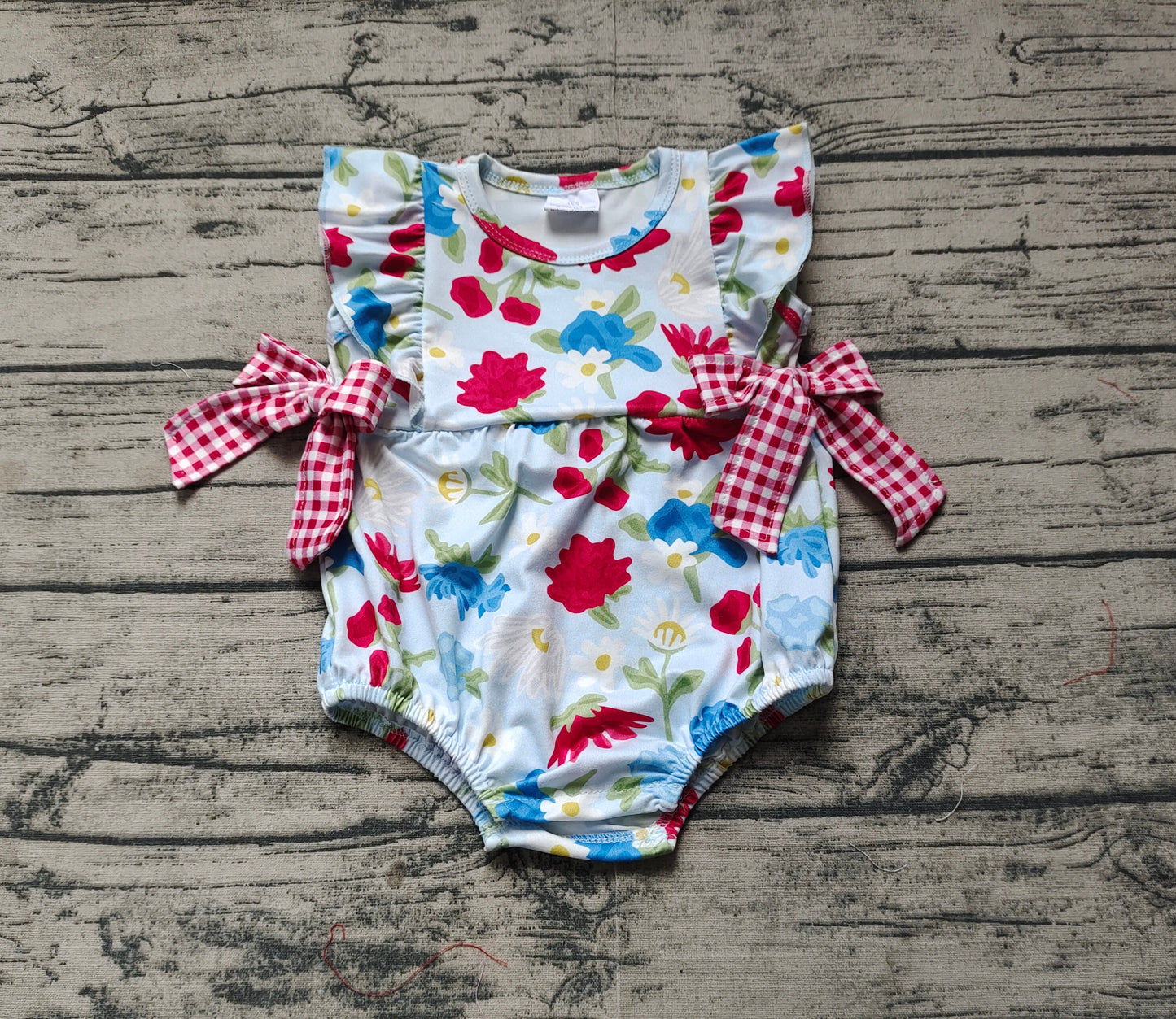 SR2593Red Blue Floral Ruffle Baby Girls 4th of July Romper Cute Patriotic Floral Print Baby Girl Outfit for July 4th Celebration