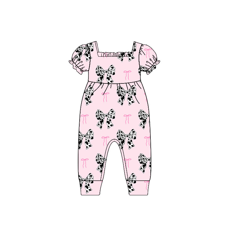 Pink ruffle short sleeves cow print bow baby girls pajamas