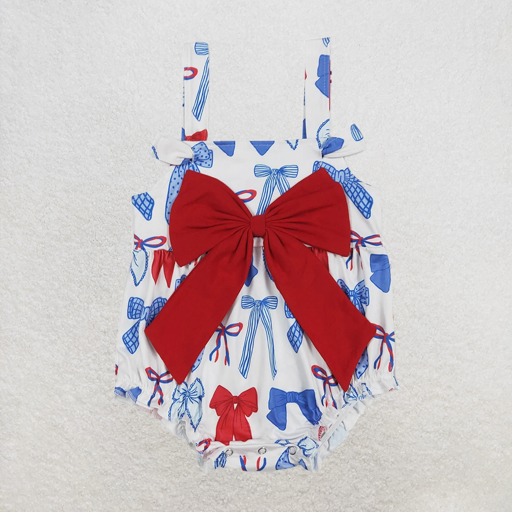 4.08 SR2606 RTS NO MOQ Baby Girls Summer Romper Baby Girls Strap Red Blue Bows 4th Of July Romper