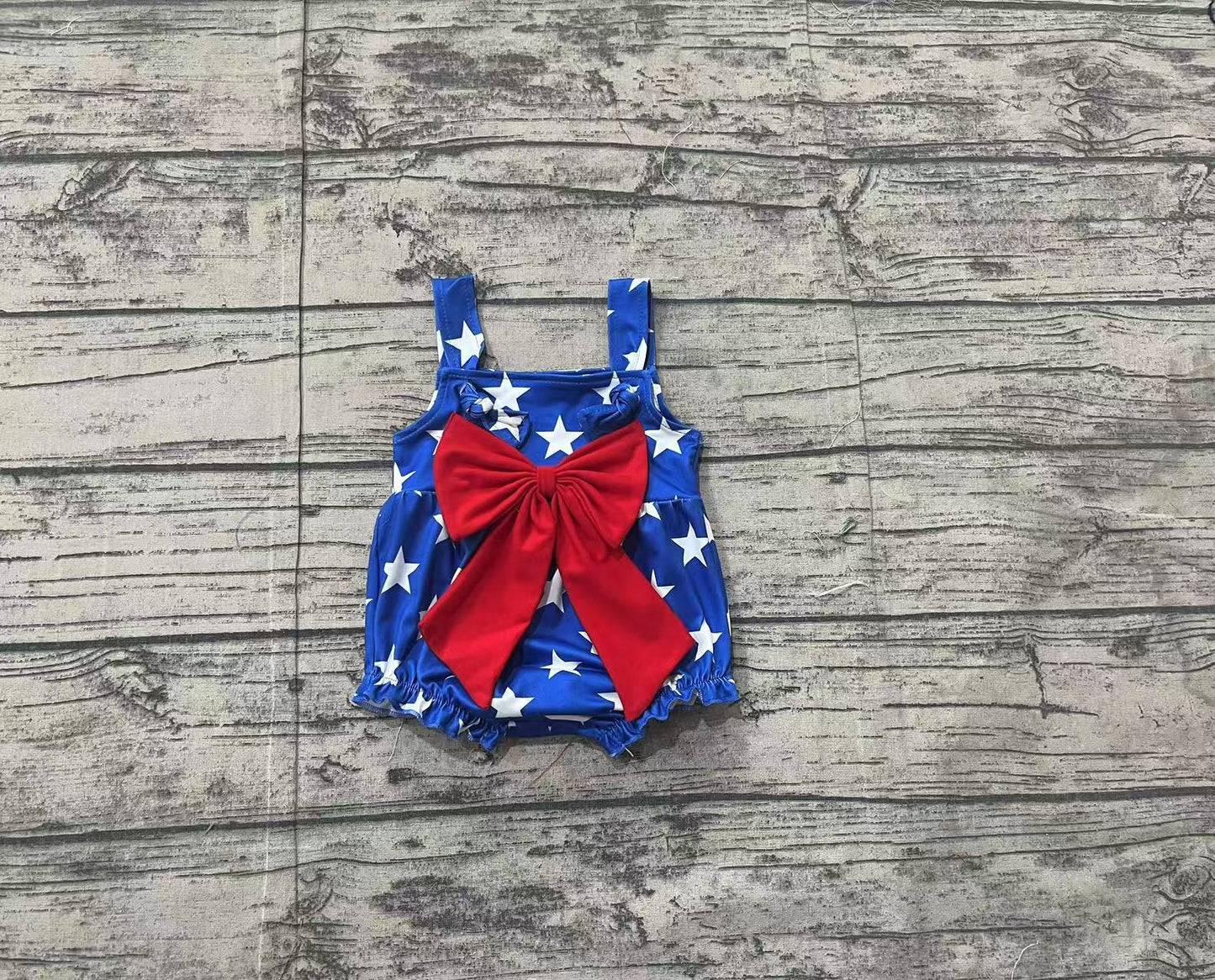 SR2607Blue stars strap red bow baby girls 4th of july romper