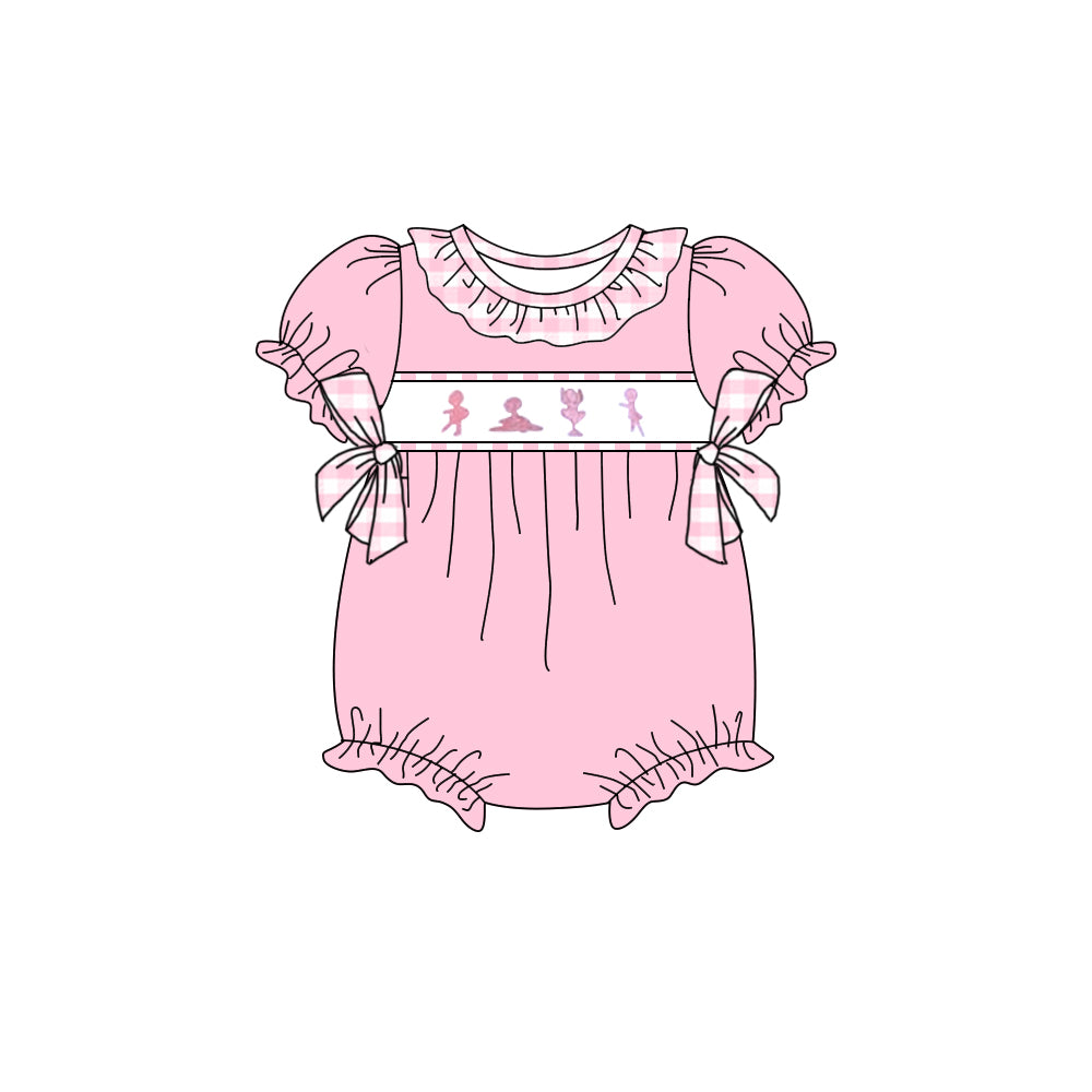 SR2608Pink short sleeves dance plaid bow baby girls romper