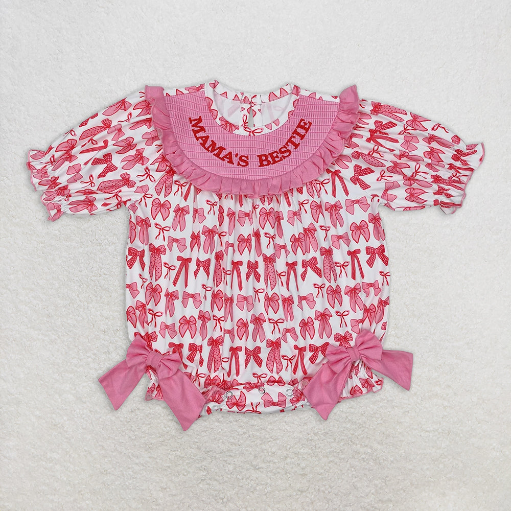 7.16 RTS NO MOQ Long sleeves pink bow mama's bestie kids girls dresses rompers