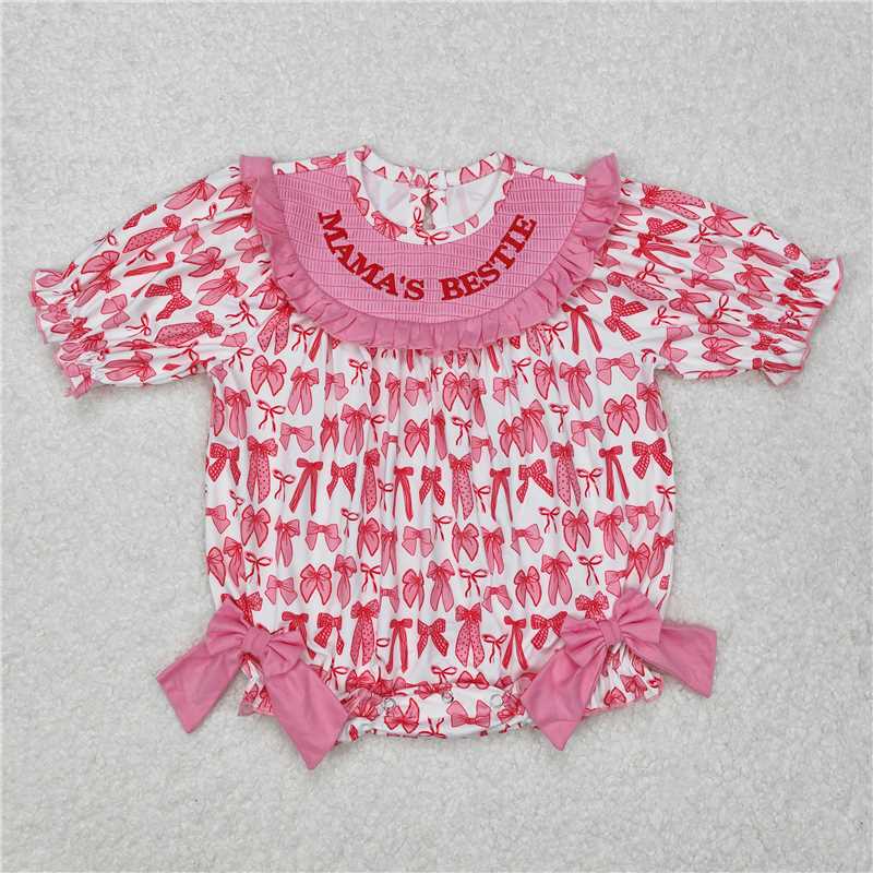 USA Warehouse (IN STOCK) SR2620 Mama's Bestie Smocked Bow Baby Girls Romper Short Sleeves Cute And Fashionable Infant Outfit