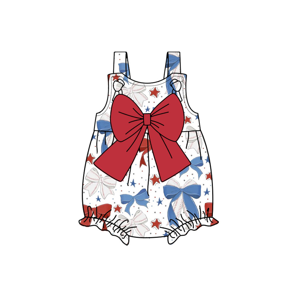 Straps blue red baseball bow tunic shorts girls clothes