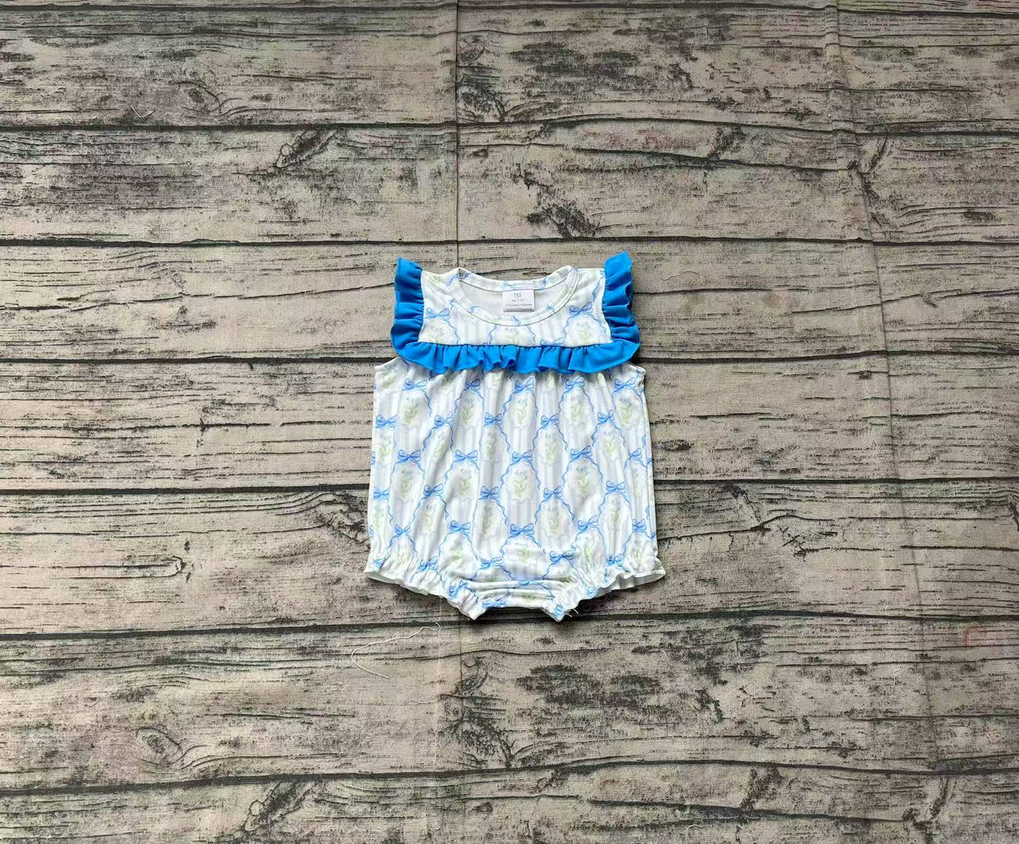 SR2648Blue ruffle floral bow stripe baby girls romper
