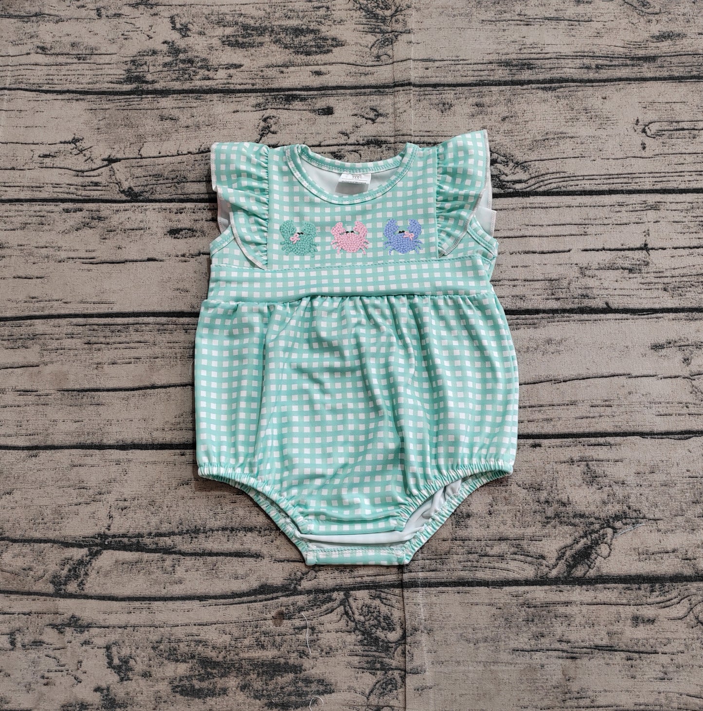 SR2659Green Checkered Rompers Embroidery Baby Infant Girls Crabs Design Clothing for Little Girls