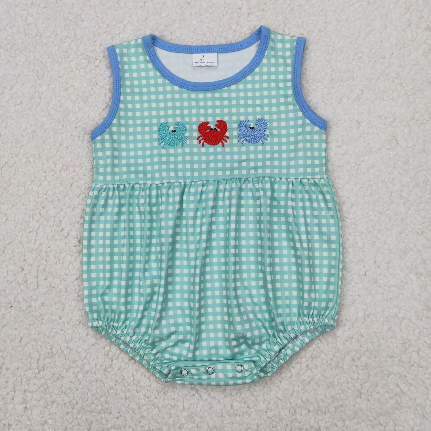 4.10 SR2660 RTS NO MOQ Baby Boys Summer Romper Baby Boys Aqua Plaid Sleeveless Crabs Rompers