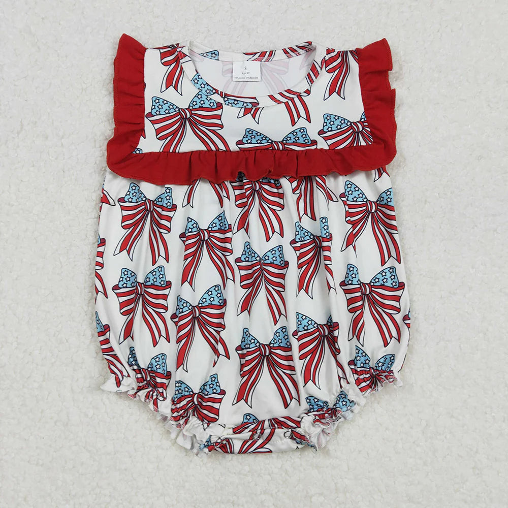 12.10 RTS Sibling Baby Girls 4th Of July Coquette Bows Rompers Sets