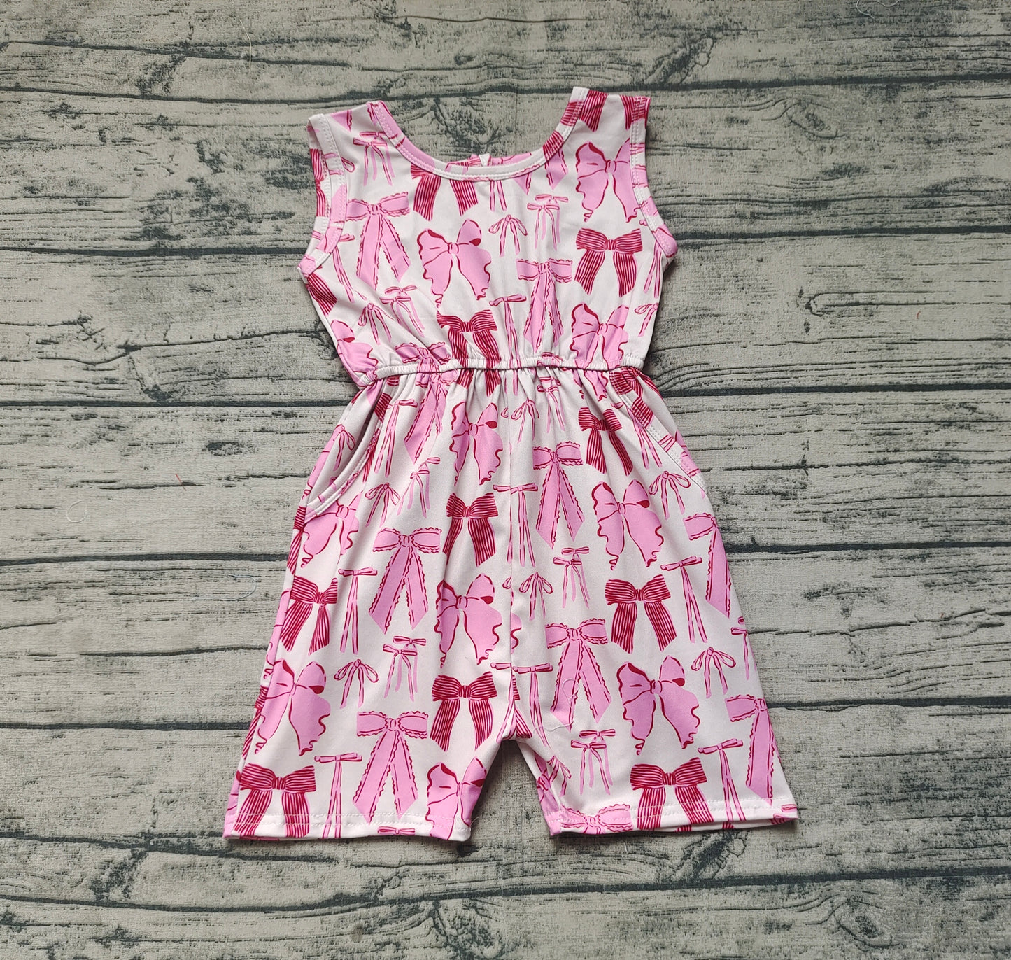 SR2670Girls Pink Summer Jumpsuit with Bow Pocket Short Sleeves Cute And Fashionable Children's Clothing
