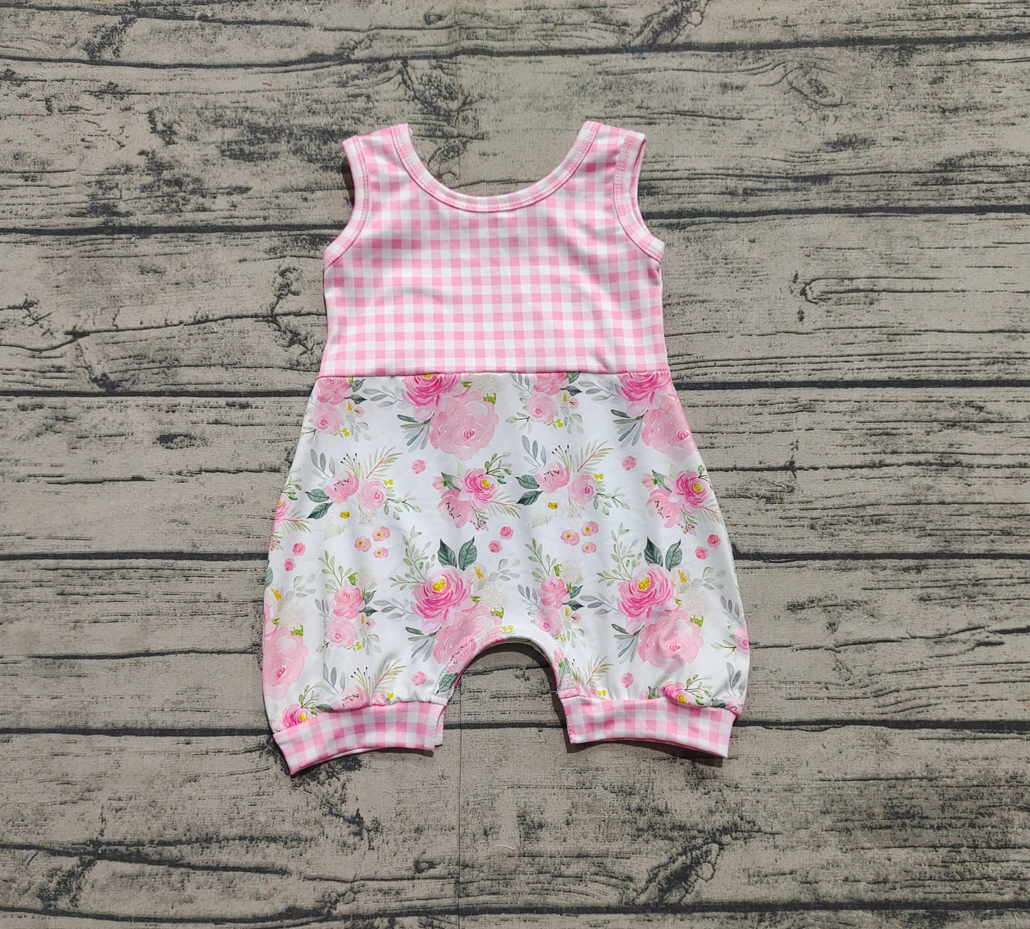 SR2678Pink Plaid Floral Sleeveless Romper for Baby Girls Summer Comfortable Cotton Outfit with Adjustable Straps