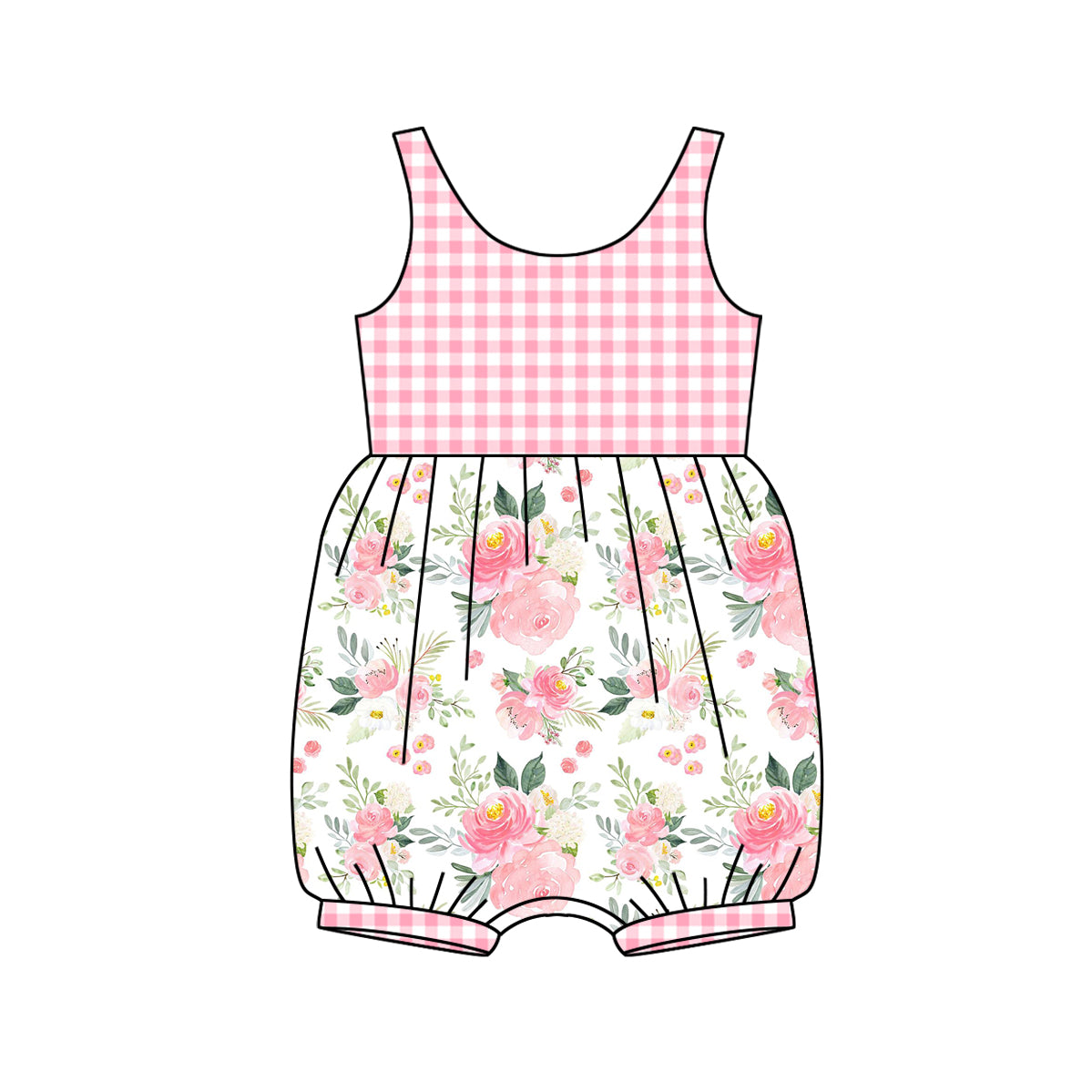 Baby Infant Girls Pink Checkered Flowers Sleeveless Rompers
