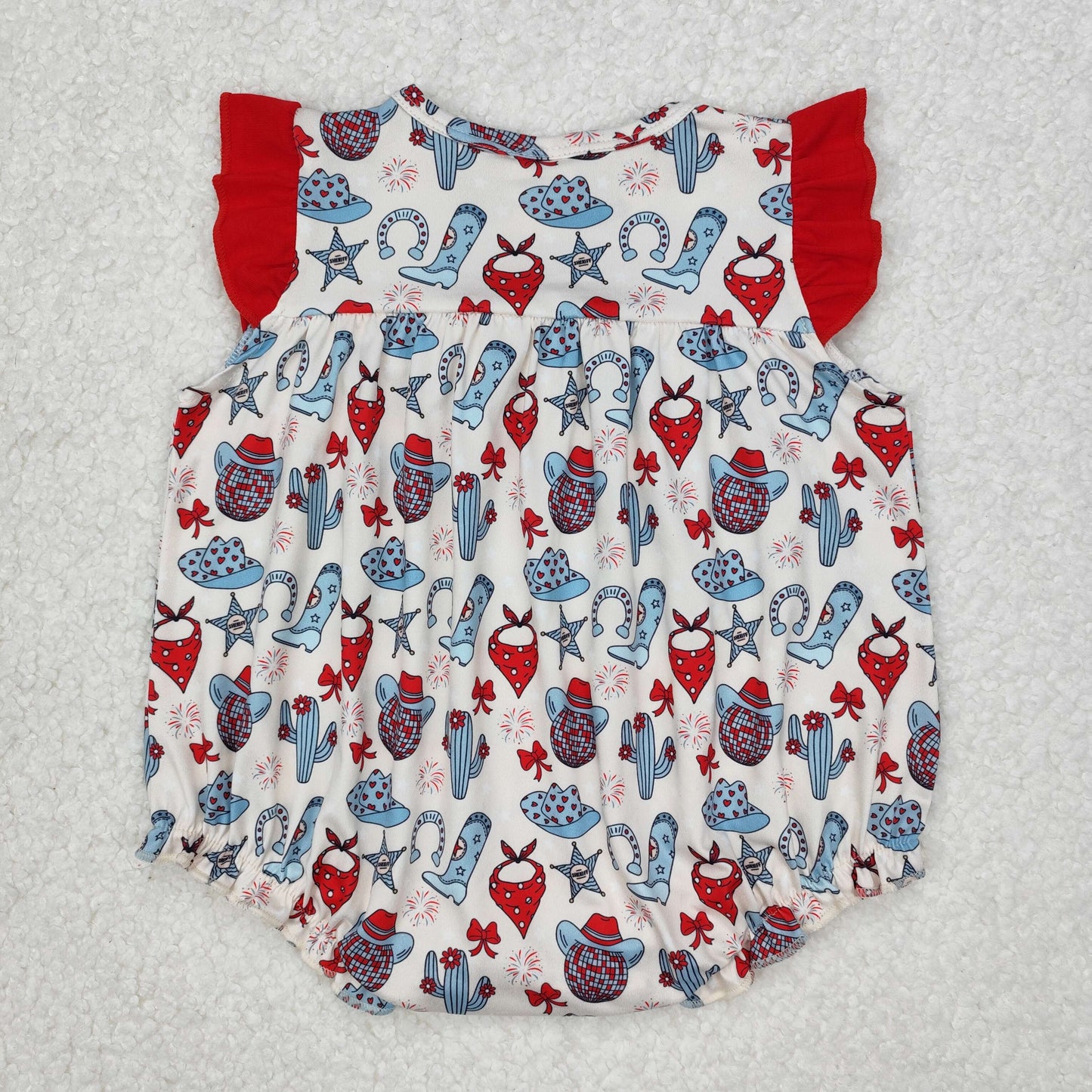 SR2680Red Ruffle Cactus Boots Western Baby Girls 4th of July Romper - Cute Country Style Outfit for Infants