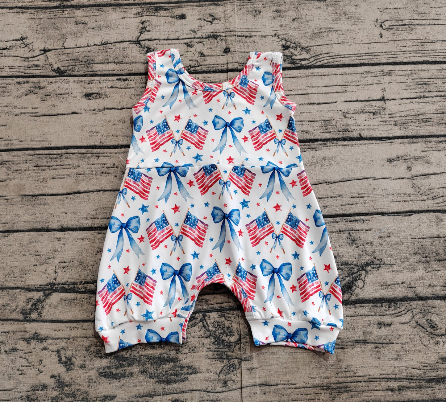 SR2681Baby Infant Girls Sleeveless Rompers 4th of July Bows Flags Outfit Summer Casual Snap Button Rompers for Little Girls