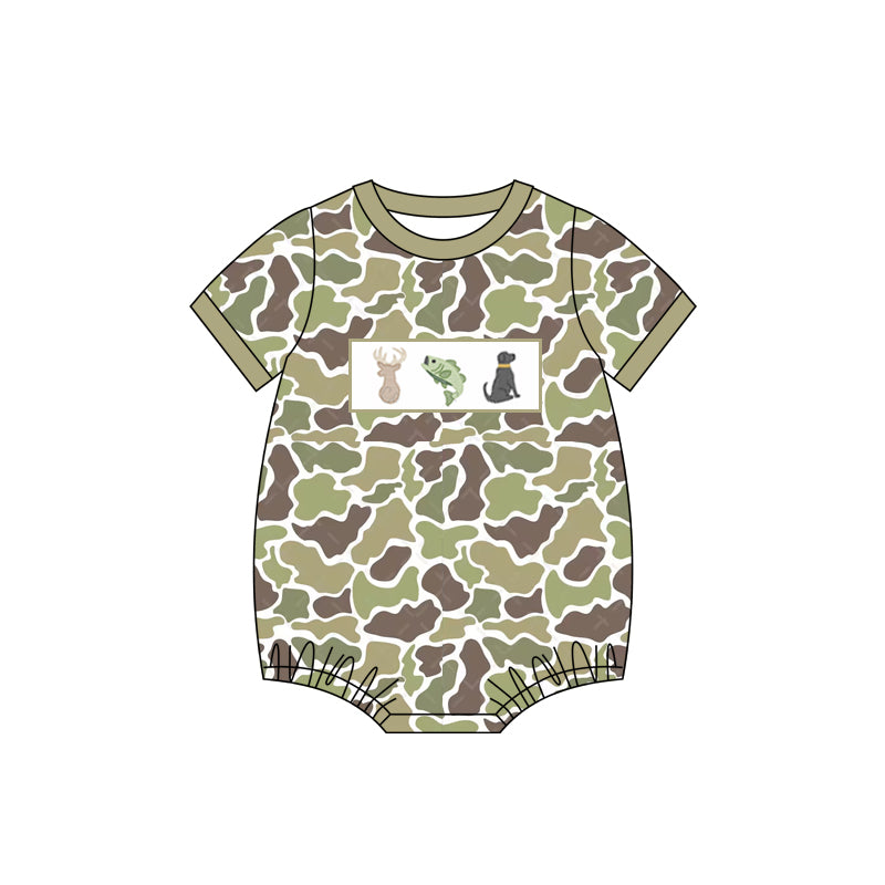 SR2687Baby Infant Boys Green Camo Deer Fish Dog Rompers