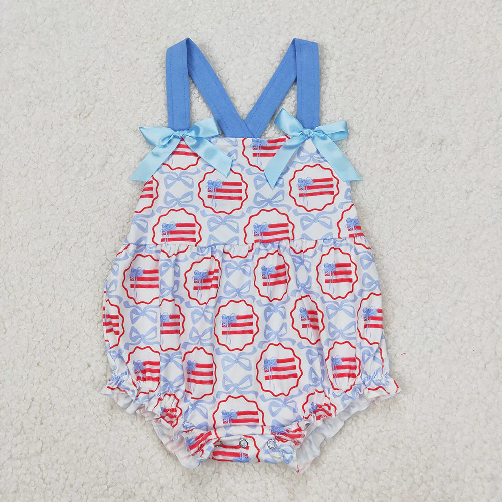 11.26 RTS Sibling Baby Girls Blue Bows Flag Rompers Outfits Sets