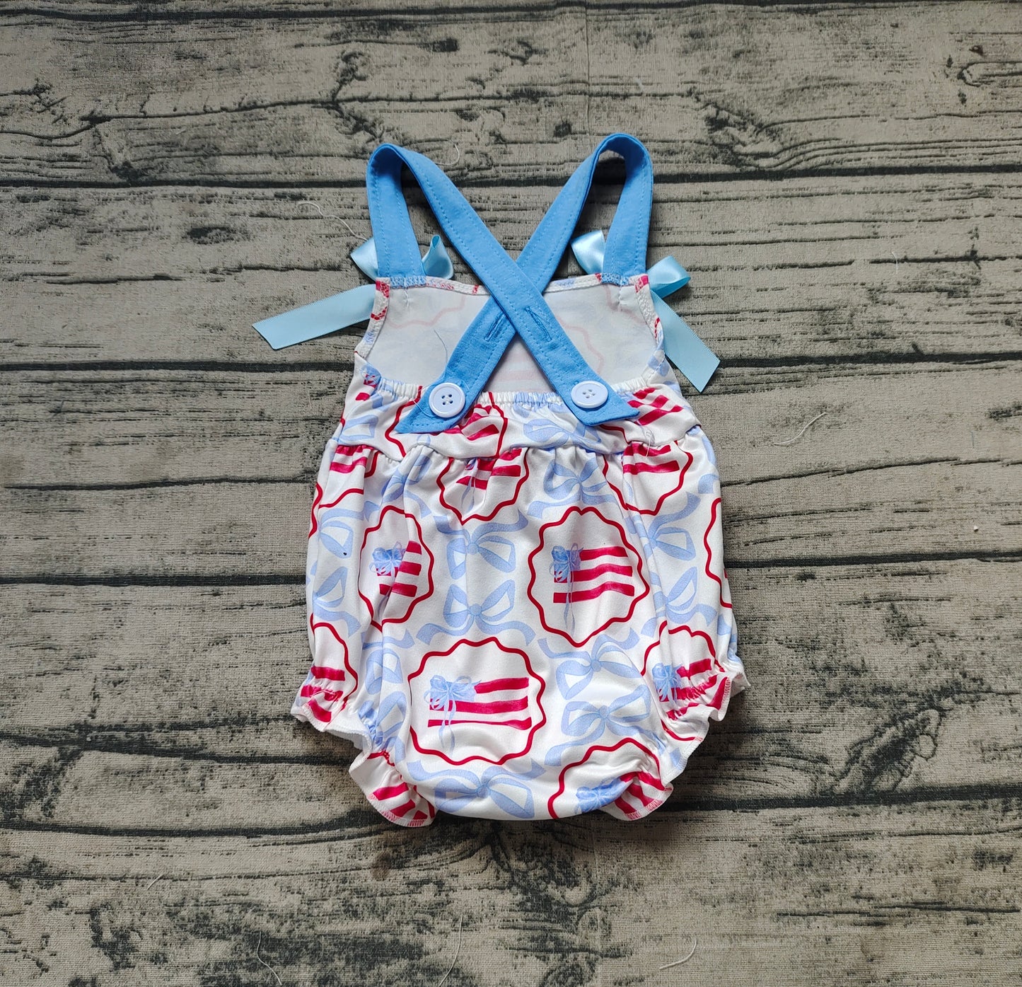 SR2691Baby Girls Blue Straps Bow Flag Romper 4th of July Outfit Summer Casual Snap Button Closure Clothing for Infants