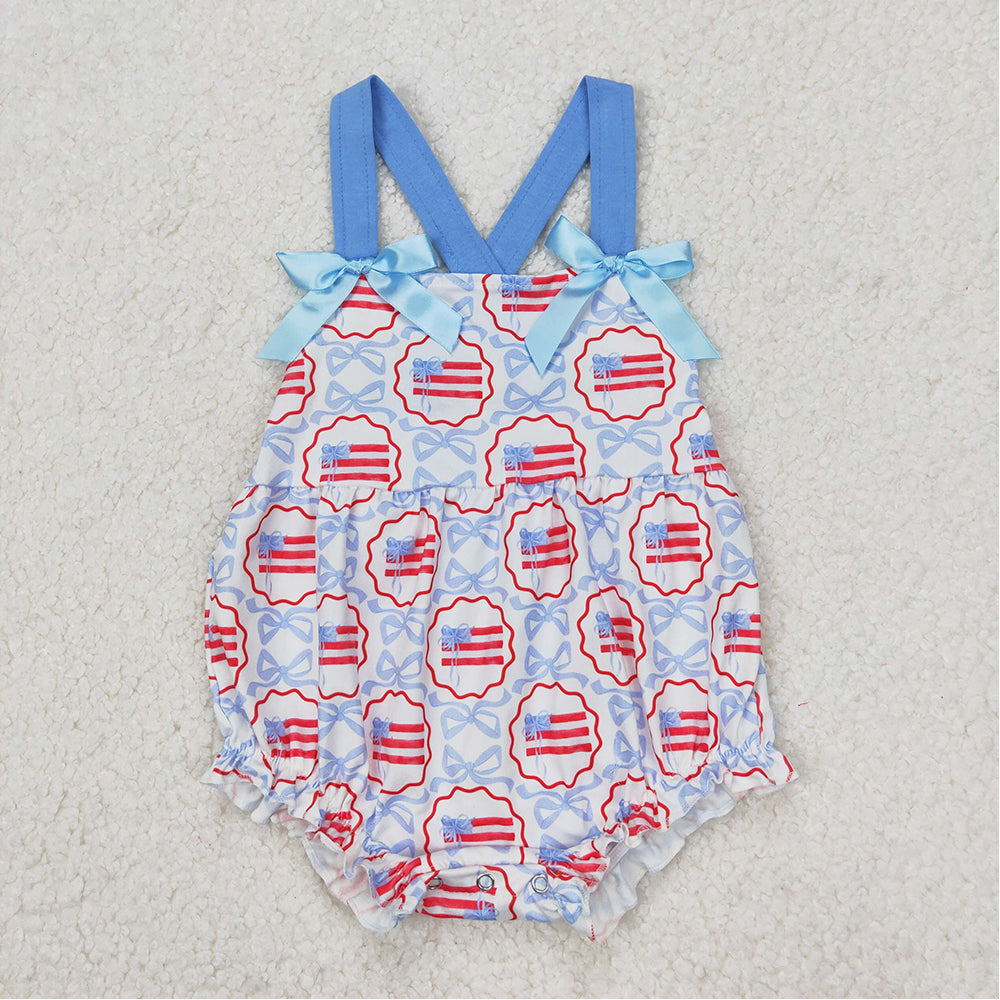 4.24 SR2691 RTS NO MOQ Blue straps bow flag baby girls 4th of july romper