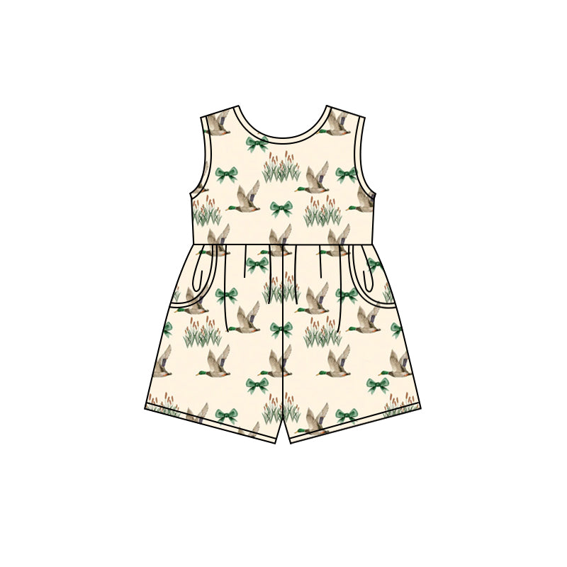 SR2693Baby Girls Mallard Ducks Sleeveless Pockets Jumpsuits