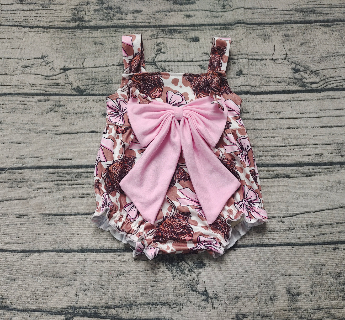 SR2697Charming Straps Highland Cow Pink Bow Western Romper for Baby Girls
