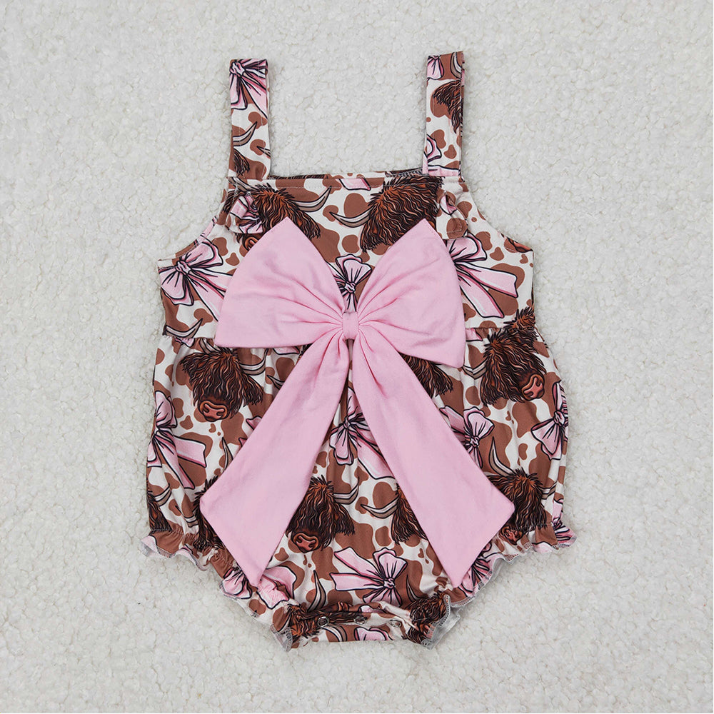 4.21 RTS NO MOQ Highland Cow Bow Ruffle Western Baby Girls Dress Straps Cute Animal Theme Girls Clothing