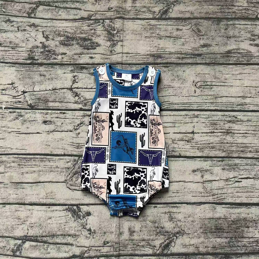 SR2700Cactus Rodeo Western Sleeveless Romper for Baby Boy Comfortable Breathable Summer Outfit with Cactus Print